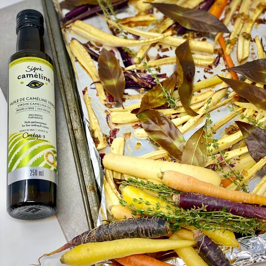 Karamellisierte Karotten und Pastinaken mit Leindotteröl und Ahornsirup